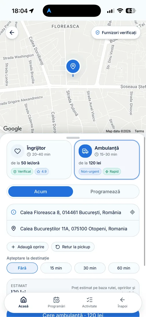 Alegi îngrijitor sau ambulanță privată, furnizori verificați, pe hartă.