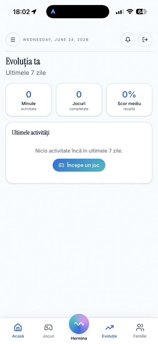 Evoluție: minute de activitate, jocuri și scor mediu pe ultimele 7 zile.