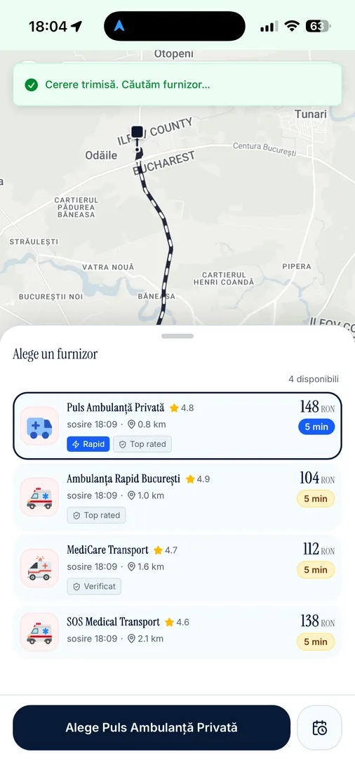 Alegi furnizorul după rating, preț și timp estimat de sosire.