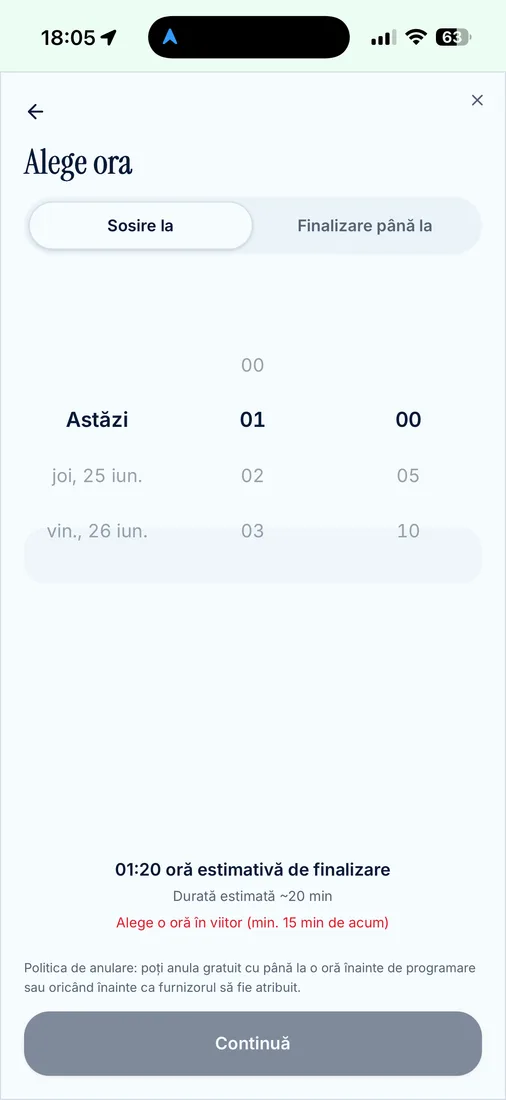 „Acum” sau programezi ora; vezi durata estimată înainte.