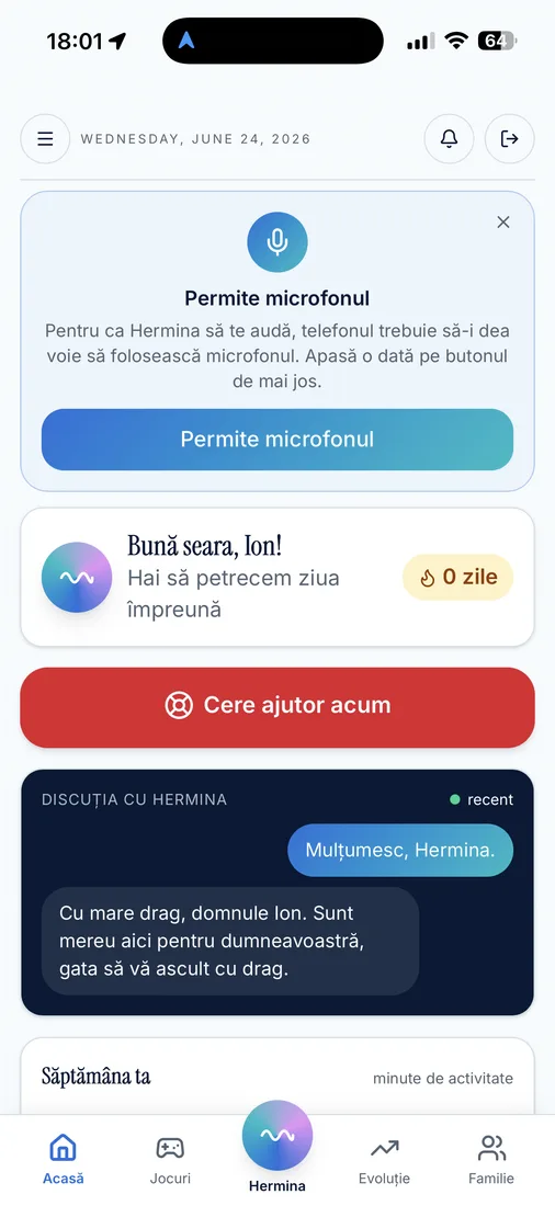 Ecran de start: salut personal, „Vorbește cu Hermina” și „Cere ajutor”.